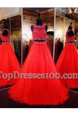 Top Selling Scoop Coral Red A-line Beading Prom Dress Zipper Organza Sleeveless Floor Length