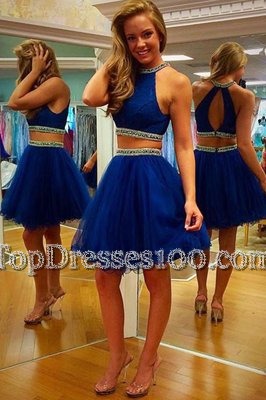 Halter Top Royal Blue A-line Beading and Belt Cocktail Dresses Zipper Organza Sleeveless Mini Length