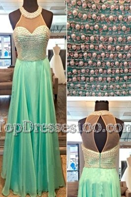 Flare Apple Green Sleeveless Beading Floor Length Dress for Prom