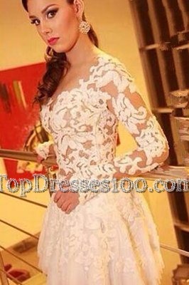 Admirable Lace Knee Length White Cocktail Dress Sweetheart Long Sleeves Backless