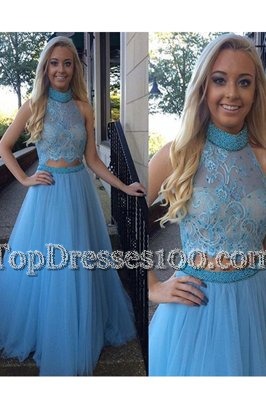 Baby Blue Organza Zipper High-neck Sleeveless Floor Length Dress for Prom Beading and Appliques