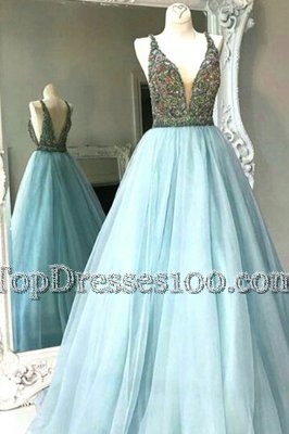 Floor Length Light Blue Dress for Prom Chiffon Sleeveless Beading
