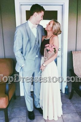 Flare White Chiffon Backless Prom Gown Sleeveless Floor Length Ruching