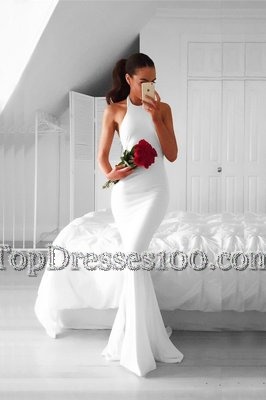 Popular Sweep Train Mermaid Evening Dress White Halter Top Chiffon Sleeveless Backless