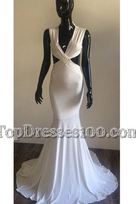 With Train Mermaid Sleeveless White Evening Dress Brush Train Backless