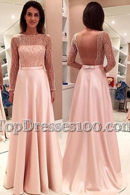 Hot Sale Satin Bateau Long Sleeves Sweep Train Backless Beading Prom Gown in Pink