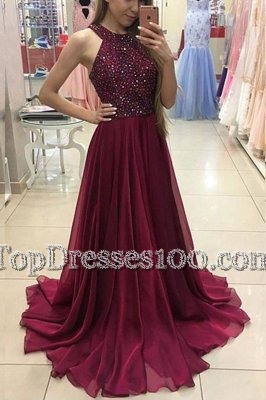Halter Top Sleeveless Beading Zipper Prom Dresses with Burgundy Sweep Train
