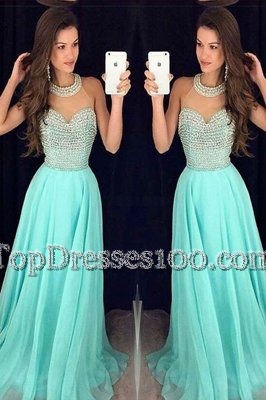 Ideal Aqua Blue Prom Dresses High-neck Sleeveless Sweep Train Zipper