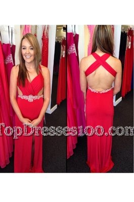 Red Sleeveless Floor Length Beading Criss Cross Prom Dresses