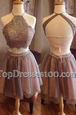 Hot Selling Halter Top Organza Sleeveless Knee Length Cocktail Dress and Beading
