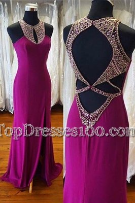 Fuchsia Prom Party Dress Prom and For with Beading Scoop Sleeveless Sweep Train Backless
