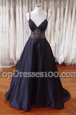 Affordable Black A-line Spaghetti Straps Sleeveless Satin With Train Sweep Train Backless Beading Prom Dress