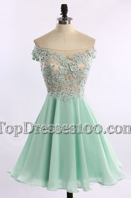 Flare Off the Shoulder Apple Green Cap Sleeves Mini Length Beading and Appliques Zipper Cocktail Dress