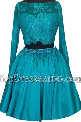 Dazzling Teal Satin Zipper Custom Made Long Sleeves Mini Length Beading and Lace