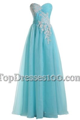 Blue Tulle Zipper Dress for Prom Sleeveless Floor Length Appliques