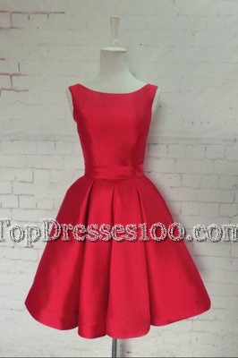 Delicate Sleeveless Satin Knee Length Backless Cocktail Dresses in Red for with Bowknot