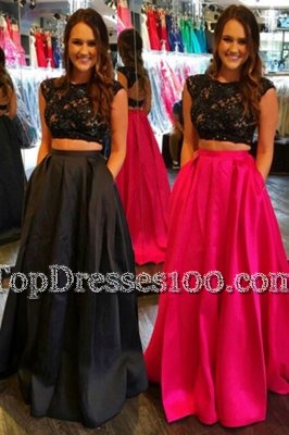 Scoop Cap Sleeves Dress for Prom Floor Length Lace and Ruching Black Satin