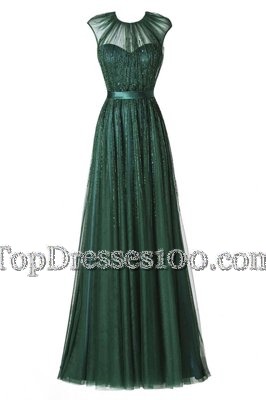 Suitable Dark Green A-line Scoop Cap Sleeves Tulle Floor Length Zipper Beading and Pleated Prom Party Dress