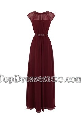 Scoop Burgundy Cap Sleeves Beading Floor Length Prom Party Dress