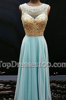 Scoop Aqua Blue Sleeveless Beading Floor Length