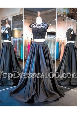 Brush Train Two Pieces Prom Evening Gown Black Scoop Taffeta Sleeveless With Train Clasp Handle