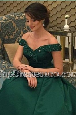 Off the Shoulder Satin Short Sleeves Floor Length Prom Dresses and Beading
