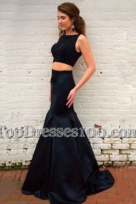 Artistic Mermaid Bateau Sleeveless Homecoming Dress Sweep Train Beading Black Elastic Woven Satin