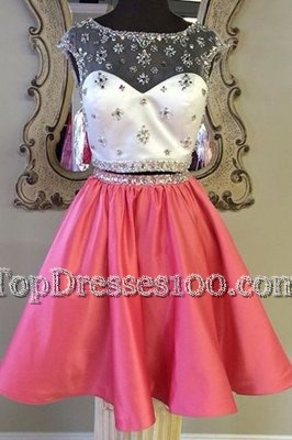 Elegant Rose Pink Cap Sleeves Elastic Woven Satin Zipper Cocktail Dress for Prom and Party
