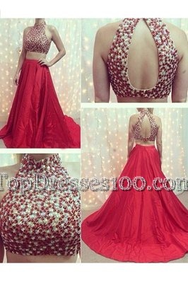 Simple Sleeveless With Train Beading Backless Womens Evening Dresses with Red Court Train