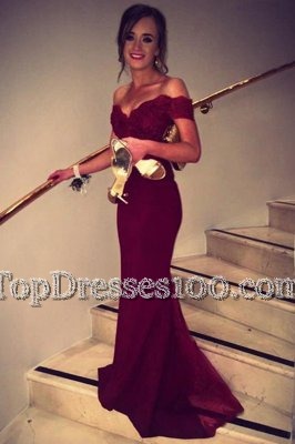 New Arrival Satin Off The Shoulder Short Sleeves Brush Train Backless Lace in Burgundy