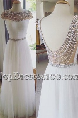 Pretty White Column/Sheath Tulle Bateau Cap Sleeves Beading Floor Length Zipper