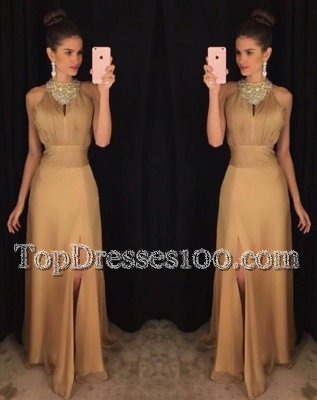 Scoop Sleeveless Floor Length Beading Zipper with Gold