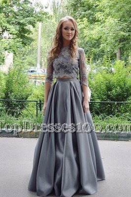 Graceful Scoop 3|4 Length Sleeve Satin Prom Dress Lace Zipper