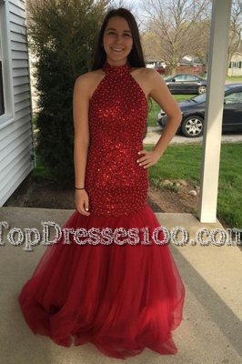 Chic Mermaid Sequins Prom Evening Gown Red Zipper Sleeveless Floor Length
