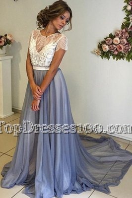 Scoop Cap Sleeves Chiffon Lace and Bowknot Court Train Backless
