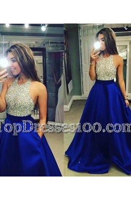 Halter Top Floor Length Backless Dress for Prom Blue and In for Prom and Party with Beading