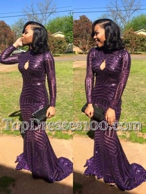 Mermaid Long Sleeves Sweep Train Zipper Sequins Prom Gown