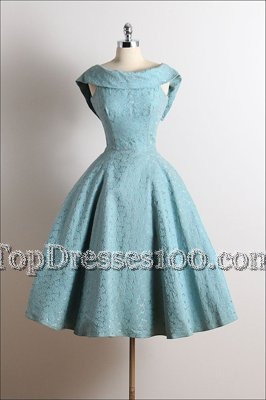 Blue Lace Zipper Scoop Sleeveless Knee Length Cocktail Dresses Ruching