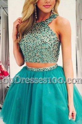 Nice Turquoise Organza Zipper Scoop Sleeveless Knee Length Cocktail Dresses Beading