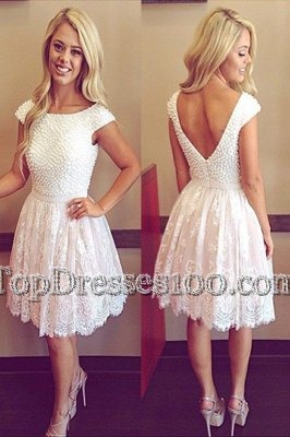 Scoop White Zipper Cocktail Dresses Lace Cap Sleeves Knee Length