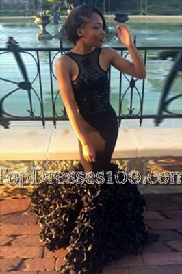 Mermaid Black Scoop Backless Lace Evening Gowns Sleeveless