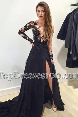 Elegant Long Sleeves Tulle Brush Train Zipper Prom Party Dress in Black for with Lace and Appliques