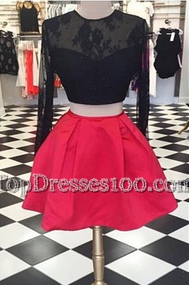 Stunning Scoop Long Sleeves Knee Length Lace Zipper Club Wear with Red And Black