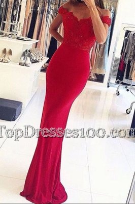 Mermaid Off the Shoulder Red Elastic Woven Satin Zipper Prom Party Dress Sleeveless Floor Length Beading and Appliques