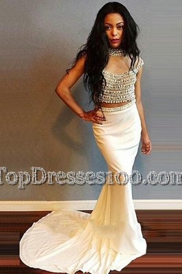 Amazing White Mermaid Scoop Cap Sleeves Elastic Woven Satin Sweep Train Zipper Beading Prom Gown