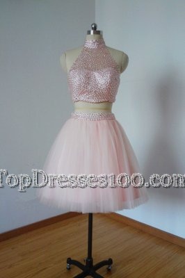 Fantastic Pink High-neck Neckline Beading Party Dress for Toddlers Sleeveless Zipper