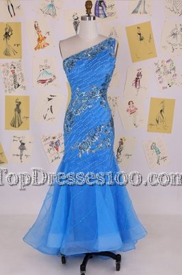 Hot Sale Mermaid Blue Chiffon Zipper One Shoulder Sleeveless Floor Length Prom Gown Beading