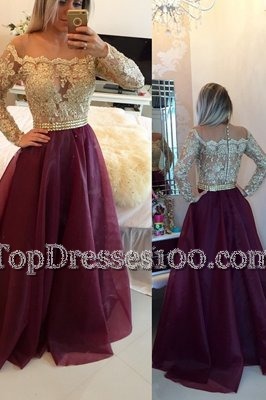 Scoop Floor Length Zipper Prom Gown Burgundy and In for Prom and Party with Beading and Appliques