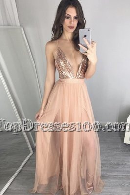 Peach V-neck Neckline Sequins and Pleated Prom Gown Sleeveless Zipper