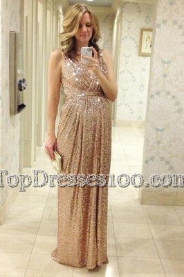 Pleated Floor Length Pink Prom Party Dress V-neck Sleeveless Lace Up
